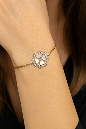 Altın Renk Van Cleef Yonca Krem Sedef Asansör Çelik Bileklik - 3630
