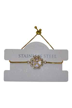 Altın Renk Van Cleef Yonca Krem Sedef Asansör Çelik Bileklik - 3630