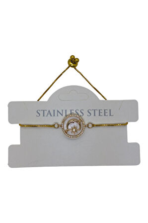 Altın Renk Beyaz Sedef Ay Yıldız Asansör Çelik Bileklik - 3631