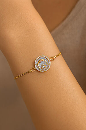 Altın Renk Beyaz Sedef Ay Yıldız Asansör Çelik Bileklik - 3631