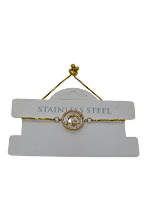 Altın Renk Beyaz Sedef Ay Yıldız Asansör Çelik Bileklik - 3631