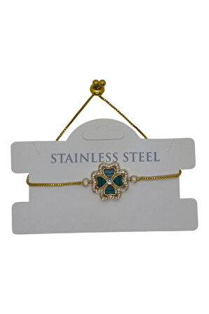 Altın Renk Yeşil Sedef Van Cleff Yonca Asansör Çelik Bileklik - 3634