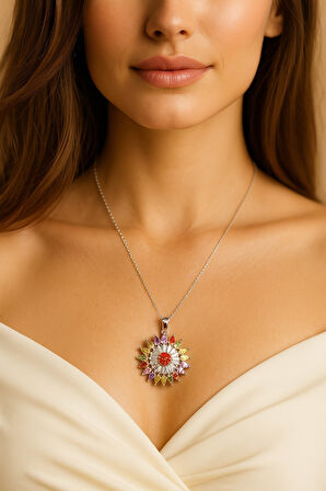 Gümüş Renk Güneş Mix Sf Zincir Çelik Kolye - 3637