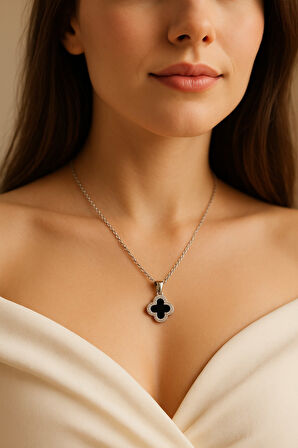 Gümüş Renk Çift Yönlü Kolye Önü Beyaz Arkası Siyah Sf Zincir Çelik Kolye - 3638