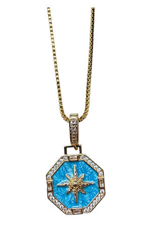 Altın Renk Mavi Mineli Yıldız 8 Köşeli Asansör Zincir Çelik Kolye - 3642
