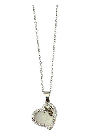 Gümüş Renk Beyaz Sedef Kalp Sf Zincir Çelik Kolye - 3644