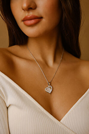 Gümüş Renk Beyaz Sedef Kalp Sf Zincir Çelik Kolye - 3644