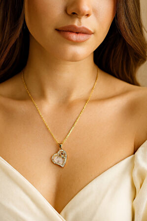 Altın Renk Beyaz Sedef Kalp Sf Zincir Çelik Kolye - 3648