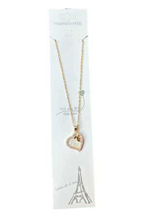 Altın Renk Beyaz Sedef Kalp Sf Zincir Çelik Kolye - 3648