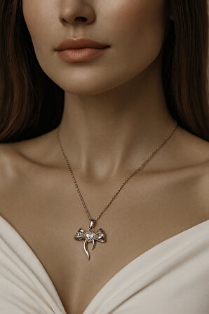 Gümüş Renk Kalp Fiyonk Beyaz Taş Sf Zincir Çelik Kolye - 3652