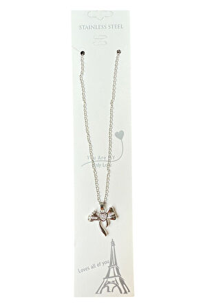 Gümüş Renk Kalp Fiyonk Beyaz Taş Sf Zincir Çelik Kolye - 3652