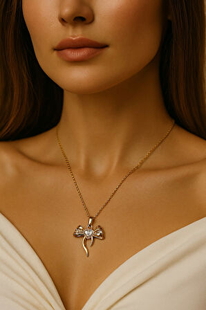 Altın Renk Kalp Fiyonk Beyaz Taş Sf Zincir Çelik Kolye - 3654