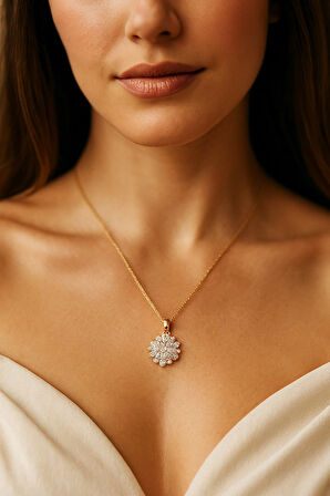 Altın Renk Oval Taşlı Sf Zincir Çelik Kolye - 3656