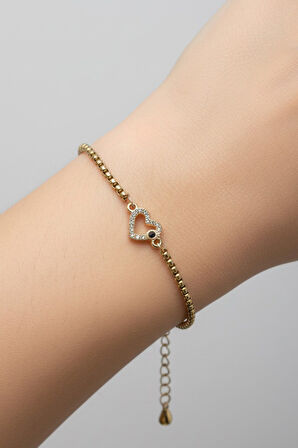 Altın Renk Arnavut Zincir Kalp Figür Çelik Bileklik - 3667