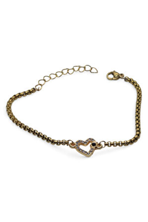Altın Renk Arnavut Zincir Kalp Figür Çelik Bileklik - 3667