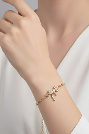 Altın Renk Kalp Fiyonk Model Ataç Zincir Çelik Bileklik - 3670