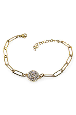 Altın Renk Yuvarlak Beyaz Model Ataç Zincir Çelik Bileklik - 3673