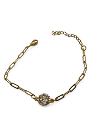 Altın Renk Tombul  Yuvarlak Beyaz Model Ataç Zincir Çelik Bileklik - 3674