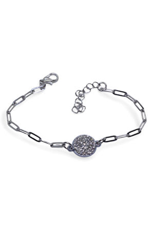 Gümüş Renk Yuvarlak Beyaz Taşlı Model Ataç Zincir Çelik Bileklik - 3677