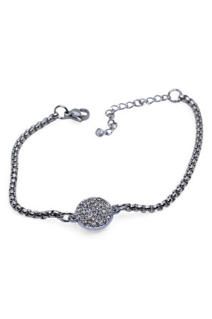 Gümüş Renk Yuvarlak Beyaz Taşlı Model Arnavut Zincir Çelik Bileklik - 3678