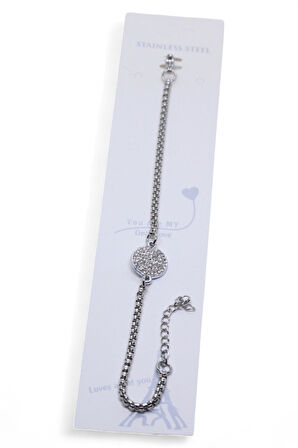 Gümüş Renk Yuvarlak Beyaz Taşlı Model Arnavut Zincir Çelik Bileklik - 3678