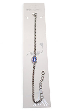 Gümüş Renk Mekik Göz Taşlı Model Arnavut Zincir Çelik Bileklik - 3679