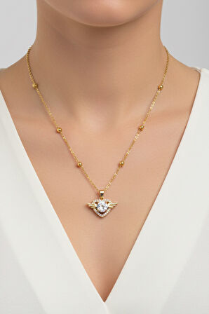 Altın Renk Kanat Kalp Model Top Zincir Çelik Kolye - 3681