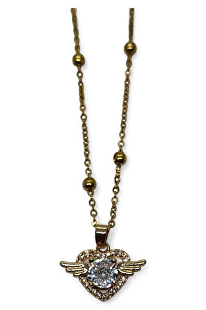 Altın Renk Kanat Kalp Model Top Zincir Çelik Kolye - 3681