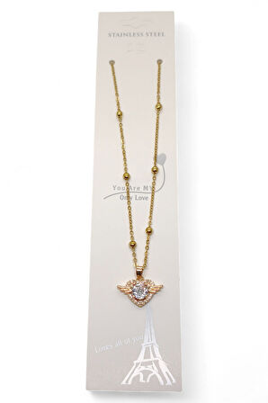Altın Renk Kanat Kalp Model Top Zincir Çelik Kolye - 3681