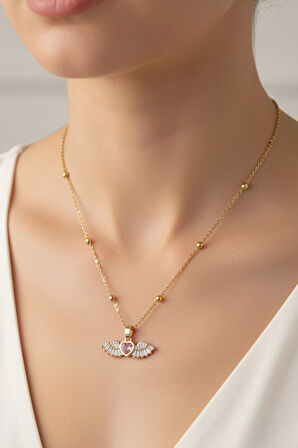 Altın Renk Pembe Taşlı Kanat Kalp Model Top Zincir Çelik Kolye - 3682