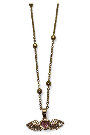 Altın Renk Pembe Taşlı Kanat Kalp Model Top Zincir Çelik Kolye - 3682