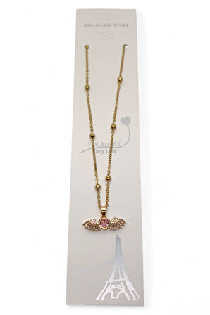 Altın Renk Pembe Taşlı Kanat Kalp Model Top Zincir Çelik Kolye - 3682