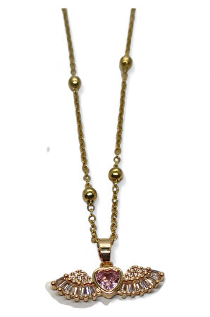 Altın Renk Pembe Taşlı Kanat Kalp Model Top Zincir Çelik Kolye - 3682
