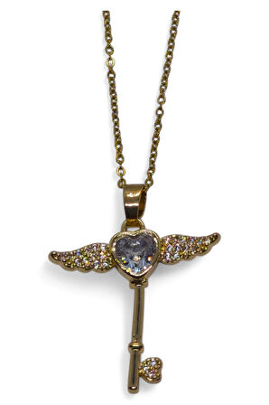 Altın Renk Kanat Anahtar Model Sf Zincir Çelik Kolye - 3684