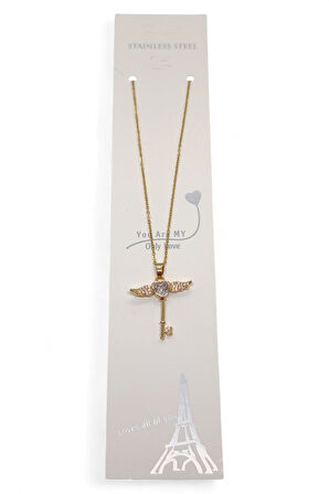 Altın Renk Kanat Anahtar Model Sf Zincir Çelik Kolye - 3684