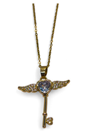 Altın Renk Kanat Anahtar Model Sf Zincir Çelik Kolye - 3684