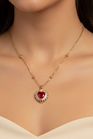 Altın Renk Kırmızı Kalp Model Top Zincir Çelik Kolye - 3685