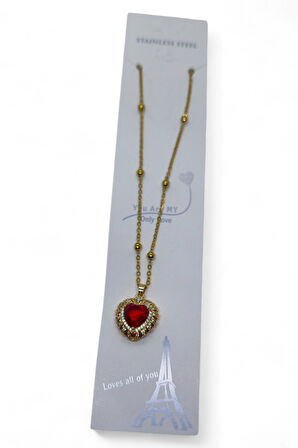 Altın Renk Kırmızı Kalp Model Top Zincir Çelik Kolye - 3685