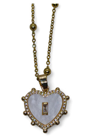 Altın Renk Beyaz Sedef Kalp Model Top Zincir Çelik Kolye - 3686