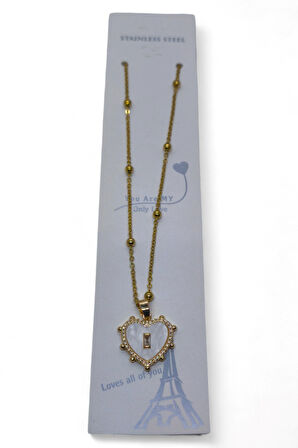 Altın Renk Beyaz Sedef Kalp Model Top Zincir Çelik Kolye - 3686