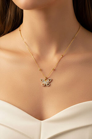 Altın Renk Kelebek Model Top Zincir Çelik Kolye - 3688