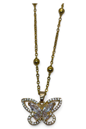 Altın Renk Kelebek Model Top Zincir Çelik Kolye - 3688