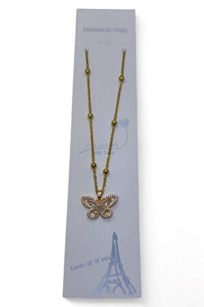 Altın Renk Kelebek Model Top Zincir Çelik Kolye - 3688