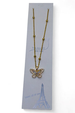 Altın Renk Kelebek Model Top Zincir Çelik Kolye - 3688
