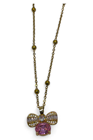 Altın Renk Pembe Fiyonk Model Top Zincir Çelik Kolye - 3691