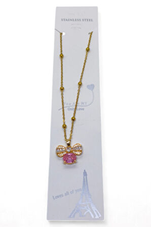Altın Renk Pembe Fiyonk Model Top Zincir Çelik Kolye - 3691