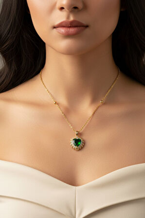 Altın Renk Yeşil Taş Kalp Model Top Zincir Çelik Kolye - 3697