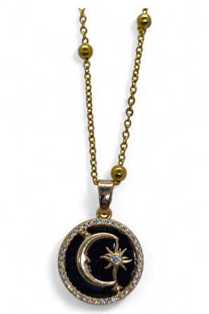 Altın Renk Siyah Mineli Ay Yıldız Model Top Zincir Çelik Kolye- 3706