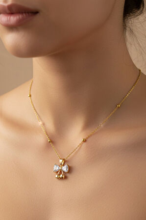 Altın Renk Kalp Fiyonk Model Top Zincir Çelik Kolye- 3710