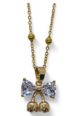 Altın Renk Kalp Fiyonk Model Top Zincir Çelik Kolye- 3710